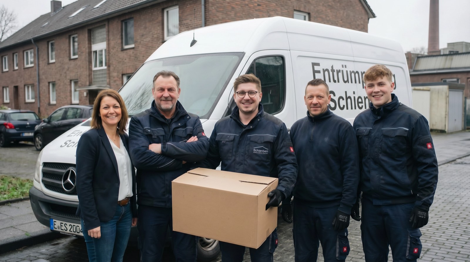 Familie Schienbein — 5 Familienmitglieder vor dem Firmenwagen in Essen